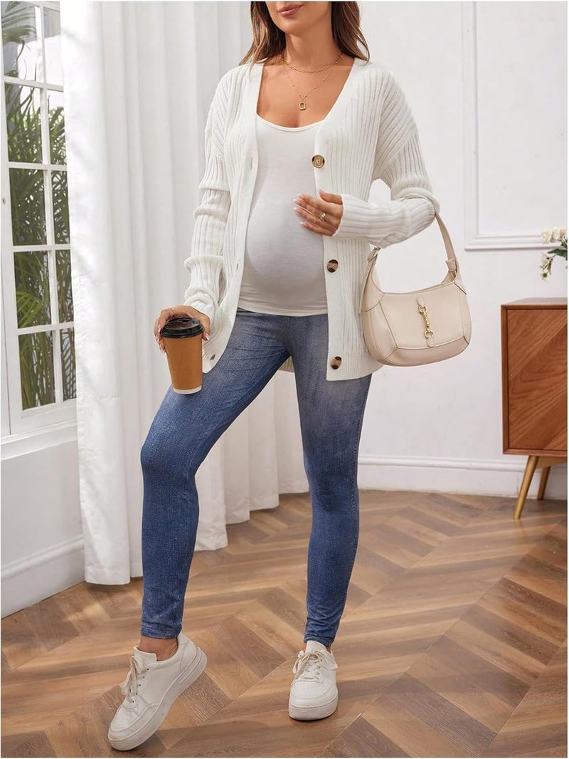 BEAUDRM Store Women's Maternity Cardigan Sweater Textured Button Down Long Sleeve V Neck Sweater Tops - Image 5